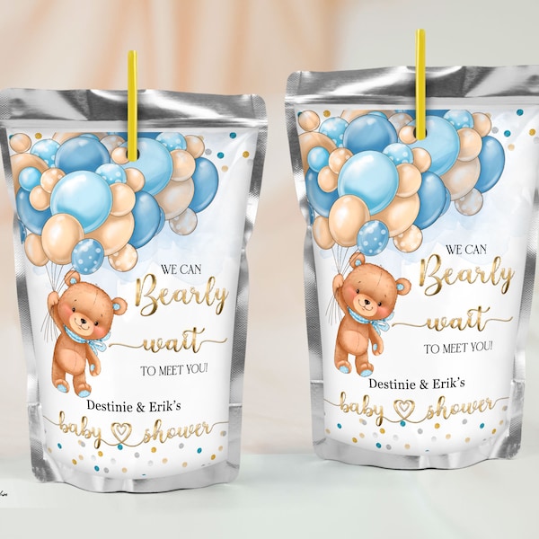Étiquette de pochette de jus de douche de bébé modifiable avec ours en peluche et ballons bleus et or, étiquettes Bearly Wait Capri Sun, faveurs de douche de bébé, TBS5