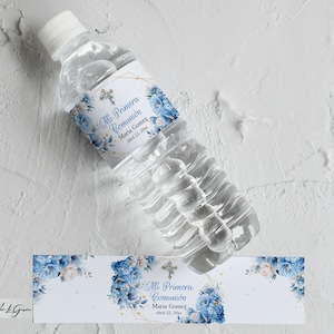 Etiquette bleue et dorée pour bouteille d'eau de baptême - Décoration de baptême élégante, BGB3