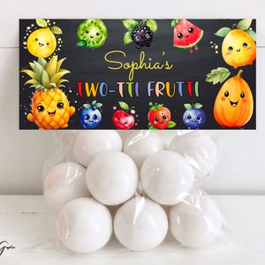Toppers de saco de guloseimas para festa de 2º aniversário Twotti Frutti editáveis - personalizáveis, modelo para impressão incluído, TFC1
