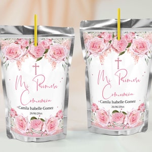 Blush Rose Mi Initiala Comunion Saftbeutel Etikett mit Rosen - Taufe Printable Favors, GGB3