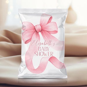 Süße Mädchen-Babyparty-Chip-Taschen | Thema Schleife rosa | Elegante bearbeitbare Gastgeschenke, BFW9