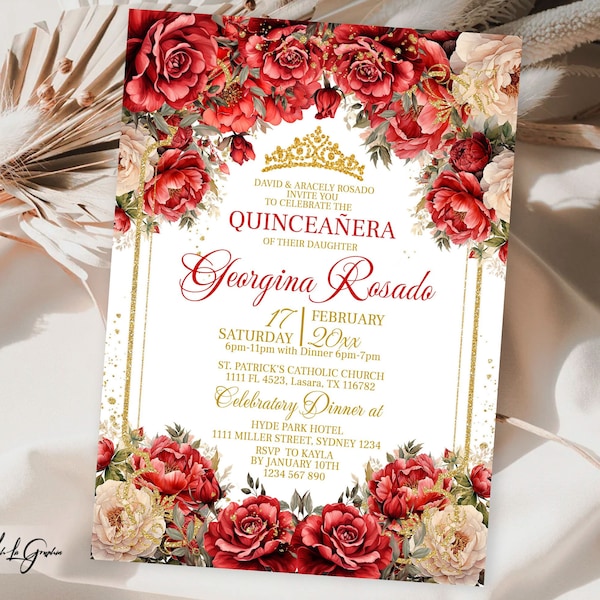 Regal Red Roses Quinceanera Invitation with Gold Crown - Elegant Burgundy Cream Floral Template - Royal Quince 5x7 Size, QRT1