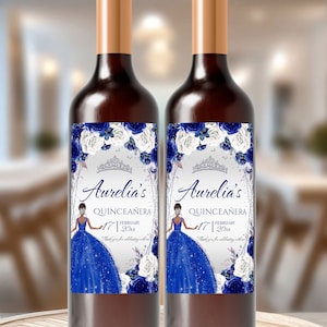 Étiquettes de bouteille de vin de Quinceañera roses bleu royal avec couronne dorée - Décorations Sweet Sixteen parfaites - Dimensions 3 x 5 pouces, 3 x 4,5 pouces, QAP3