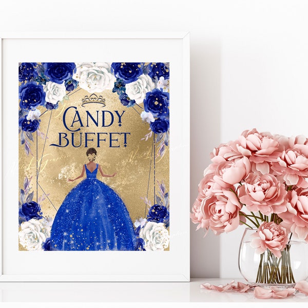 Candy Buffet Sign with Royal Blue and White Flowers, Quinceanera  Royal Blue & Gold Glitter Party Favors, Printable 8x10” Candy Sign, BGQ1