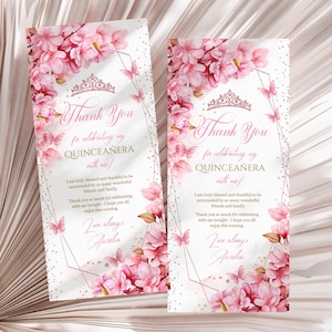 Kirschblüten Quinceaña Dankeschön-Karte | Rosegold Sakura & Krone | Elegantes rosa Blumenmuster zum selbst ausdrucken, QQB1