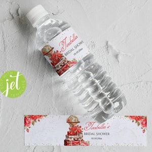 Brautdusche Wasserflaschenetikett mit roten Rosen und Koffern, Liebe ist eine Reise-Thema-Party-Wasserflaschenvorlage, bearbeiten Sie selbst, TMM1