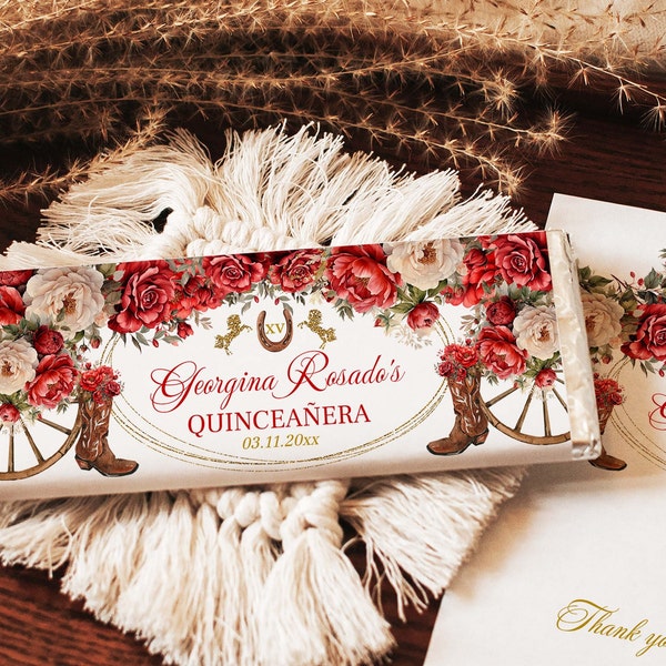 Rustic Country Western Quinceanera Party Chocolate Bar Wrapper 1.55 oz Label with Red Roses and Cowboy Boots - Editable, QRW1