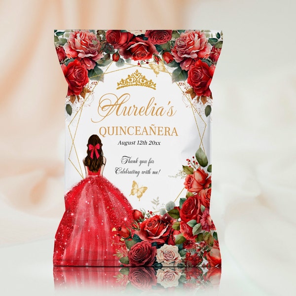 Red Roses Quinceanera Chip Bag with Gold Crown, Sweet Sixteen 16 Quinceanera Party Decorations, Royal Quince, Edit Yourself, QER2