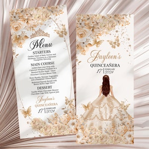 Personalizowane beżowe róże szampańskie Quinceanera Menu - Elegancki projekt kwiatowy, QCB1