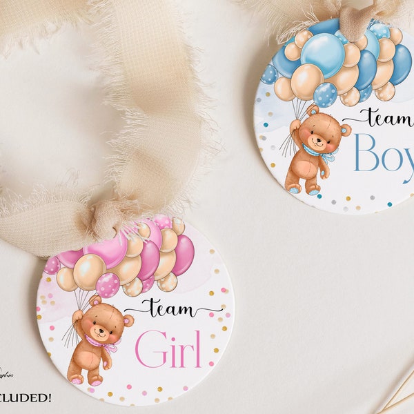 Teddy Bear Gender Reveal Vote Tags, Gender Reveal Party avec des ballons bleus et roses, Thème Il ou Elle, Autocollants Team Girl Team Boy, TBS5