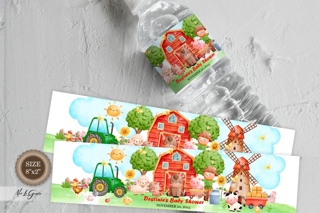 Farm Animal Water Bottle Labels With Green Tractor and Cute Etsy