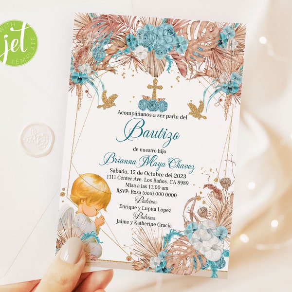 Editable Baptism Invitation with Pampas Grass and Little Angel, Spanish Religious Invitation Template, Size 5"x7", BAP1