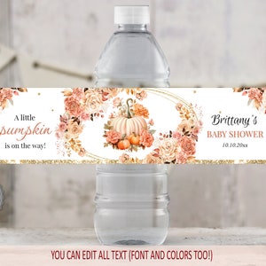 A Little Pumpkin is on the Way Water Bottle Label, Fall Pumpkin Baby Shower Template with Orange Flowers, Edit Yourself, Fall Decor, PFA1