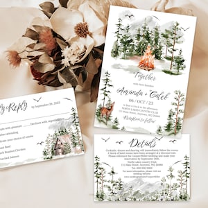 Set di modelli di inviti per matrimonio in montagna con pini, invito per matrimonio rustico, invito stampabile per foresta con RSVP e dettagli, MWI1