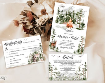 Mountain Wedding Invitation Template Set with Pine Trees, Rustic Wedding Invite, Forest Printable Invite Card with RSVP and Details, MWI1