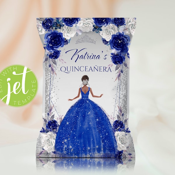 EDITABLE Royal Blue & Silver Glitter Dress Quinceanera Chip Bag with White and Blue Flowers, 15th Birthday, Miss Quince Favors, QAP3