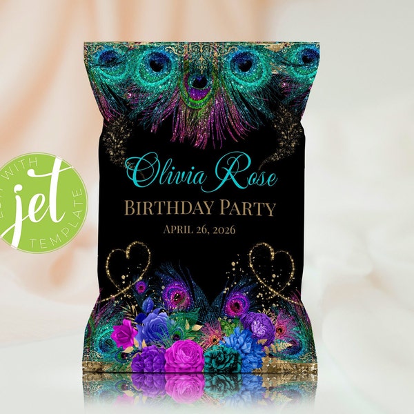 EDITABLE Birthday Party Chip Bag Template with Peacock Feathers , Peacock Printable Potatoes Wrapper Bag, Peacock Event Favors