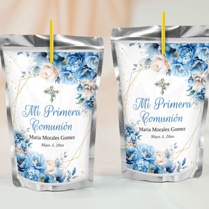 Benutzerdefinierte blaue und goldene Taufe Mi Initiala Comunion Juice Beutel Etiketten - Druckbare Taufgeschenke, BGB3