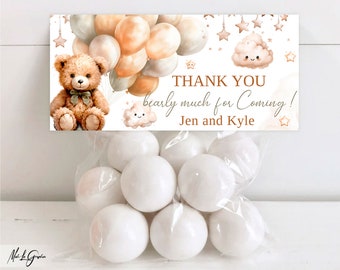 Adorable Teddy Bear Treat Bag Toppers for Baby Shower Party - Customizable Balloon Theme, Printable Template Included, TBP7