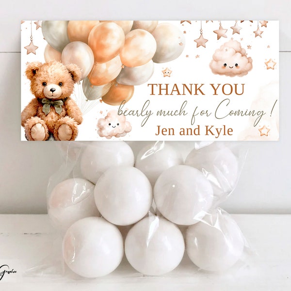Adorable Teddy Bear Treat Bag Toppers for Baby Shower Party - Customizable Balloon Theme, Printable Template Included, TBP7