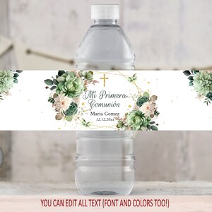 Étiquette verte et dorée pour bouteille d'eau de baptême, décorations florales de fête de communion Primera, modèle de bouteille d'eau de baptême, à modifier vous-même, GGB1