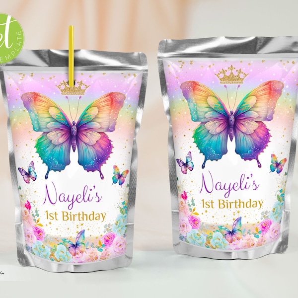 EDITABLE Birthday Capri Sun Label Template with Rainbow Butterfly and Blue and Pink Roses, Party Juice Pouch Label, Edit Yourself, BPB3