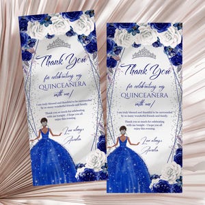 Quinceaña Dankeschön-Karte | Royal Blau & Silber Glitzer Kleid | Bearbeitbar Mis Quince 15. Geburtstagsnotiz, QAP3