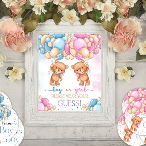 Teddy Bear Gender Reveal Guess Sign with Round Labels, Printable He or She Theme Party Attributes perfect for Team Boy Team Girl Games, TBS5