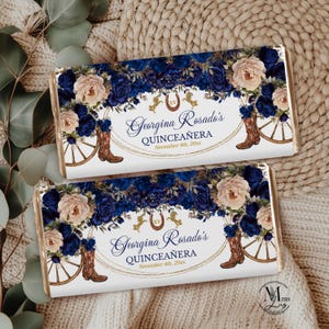 Rustikale Country Western Quinceañoa Schokoladenriegelverpackung - Marineblaues Blumen- und Goldprinzessin-Thema, bearbeitbare Quinceanera 16.Geburtstag, QNB11