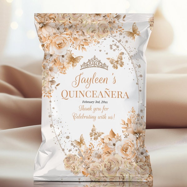 Elegant Beige Champagne Roses Quinceanera Chip Bag with Gold Butterfly - Stunning Sweet Sixteen Party Decorations, QCB1