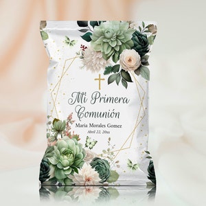 Plantilla para bolsa de bautizo verde y dorada, decoraciones florales para Primera Comunión, recuerdos de bautizo neutros, personalízalo tú mismo, GGB1
