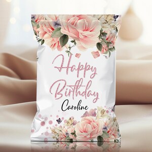 Bearbeitbare Blush Pink Floral Chip Bag für Geburtstag, Happy Birthday Potatoes Wrapper Bag, Roses Snacks Treat Bag Wrapper