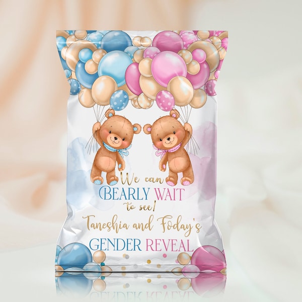 Editable Gender Reveal Chip Bag with Teddy Bear and Blue and Gold Balloons, Bearly Wait Baby Shower Chip Bag, Gender Reveal Favors,  TBS5