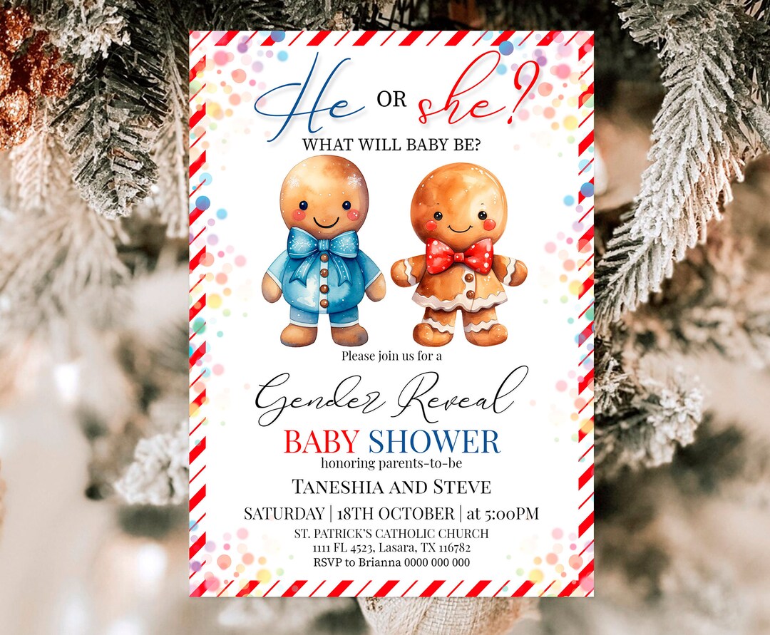 Christmas Gender Reveal Party Invitation Template, He or She ...