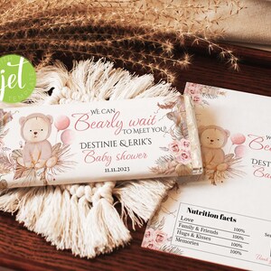 Bewerkbare boho We Can Bearly Wait Candy Bar Wrapper met pampagrasbloemen, teddybeerchocoladeverpakkingen 1,55 oz, berenfeestartikelen, WBW1