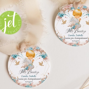 Bewerkbaar Bautizo-rond stickerlabel met boho pampagrasbloemen en engel, bedankkaartje voor doop, BAP1