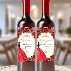 Etichette per bottiglie di vino Quinceañera con rose rosse reali e abito glitterato - Decorazioni perfette per i dolci sedici - Dimensioni 3x5'', QER2