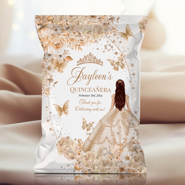 Elegant Beige Champagne Roses Quinceanera Chip Bag with Gold Crown - Perfect Sweet Sixteen Party Decorations, QCB1
