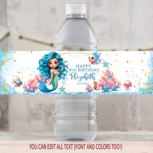 Étiquette de bouteille d'eau sirène, décorations de fête sous la mer, modèle de bouteille d'eau petite sirène, fête des enfants, modifier vous-même, MBP1