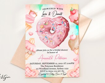 Editable Bridal shower invite Doughnut party invitation,DBI1 Showered with love and donuts
