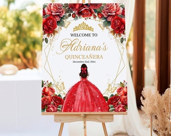 Quinceanera Welcome Sign Template, Red Roses and Glitter Dress Quinceanera, Sweet Sixteen Quince Party Decorations, Edit Yourself,  QER2