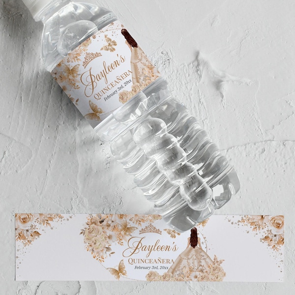 Elegant Beige Champagne Roses Quinceanera Water Bottle Labels with Gold Crown - Perfect Sweet Sixteen Decorations, QCB1