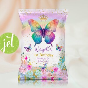 EDITIERBARE Geburtstags-Chip-Beutelvorlage mit Regenbogen-Schmetterling und blauen und rosa Rosen, personalisierte Partygeschenke Leckerlibeutel, bearbeiten Sie selbst, BPB3