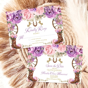 Tarjetas de reserva de fecha y confirmación de asistencia para quinceañeras, estilo country western, en rosa y lila. Plantillas para fiestas, tamaño 8,9 x 12,7 cm, QRW2.