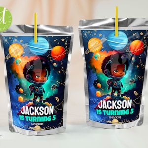 Label Outer Space Traveler, label Galaxy Party Juice-zakje, Planets Astronaut Rocket Boy verjaardag blauw, OST1