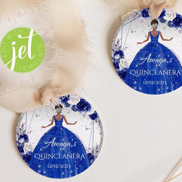 Editable Circle Round Quinceanera Labels, Royal Blue and Silver Sticker, Quinceaneara 15th Birthday, Sweet 16 Printable, Avery Tags, QAP3