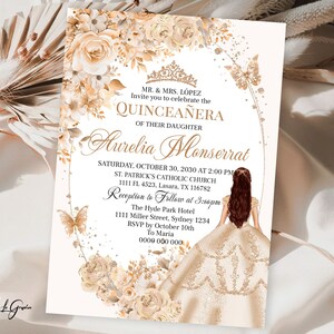Elegante beige champagneroze quinceanera-uitnodiging | Gouden kroonuitnodiging | Bewerkbare sjabloon van 5 x 7, QCB1