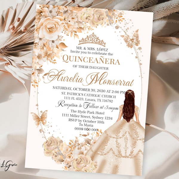 Elegant Beige Champagne Roses Quinceanera Invitation | Gold Crown Invite | Editable 5x7 Template, QCB1