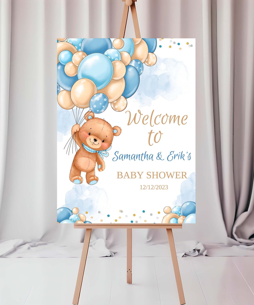 Editable Baby Shower Welcome Sign With Teddy Bear and Blue and Gold ...