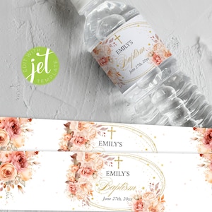 Beige Rose und Gold Taufe Wasserflasche Etikett, Floral Primanera Comunion Party Dekor, Taufe Wasserflasche Vorlage, Bearbeiten Sie selbst, GBB1